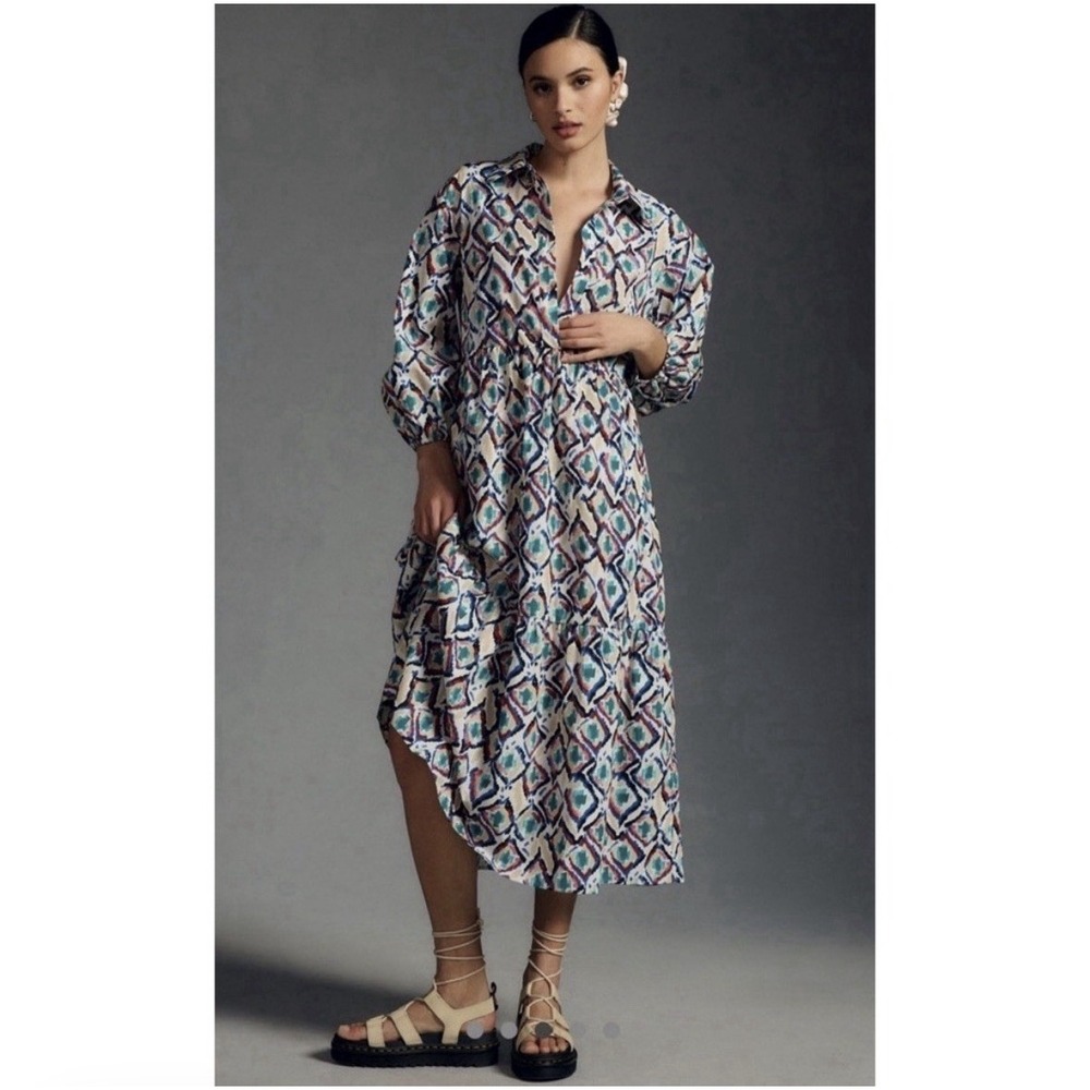 Anthropologie Maeve The Bettina Tiered Midi Maxi Shirt Dress Ikat Boho XS